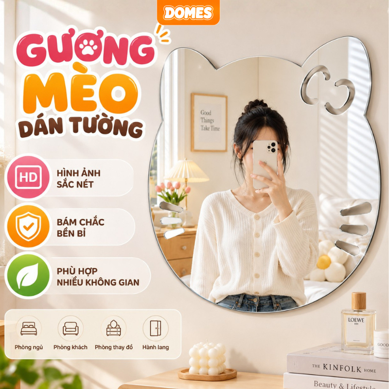 GƯƠNG MỀM ACRYLIC DÁN TƯỜNG HÌNH MÈO CUTE, GƯƠNG TRANG TRÍ TỰ DÍNH DECOR PHÒNG NGỦ KHÔNG KHOAN TƯỜNG