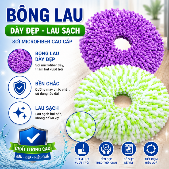 BÔNG LAU NHÀ 360 TRÒN SỢI BÔNG MỀM MỊN THẤM HÚT KHÔNG RỤNG LÔNG